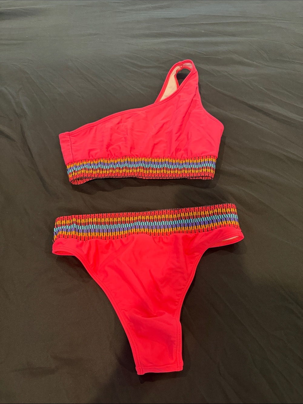 One-Shoulder Pink Swim Bikini with Rainbow Trim